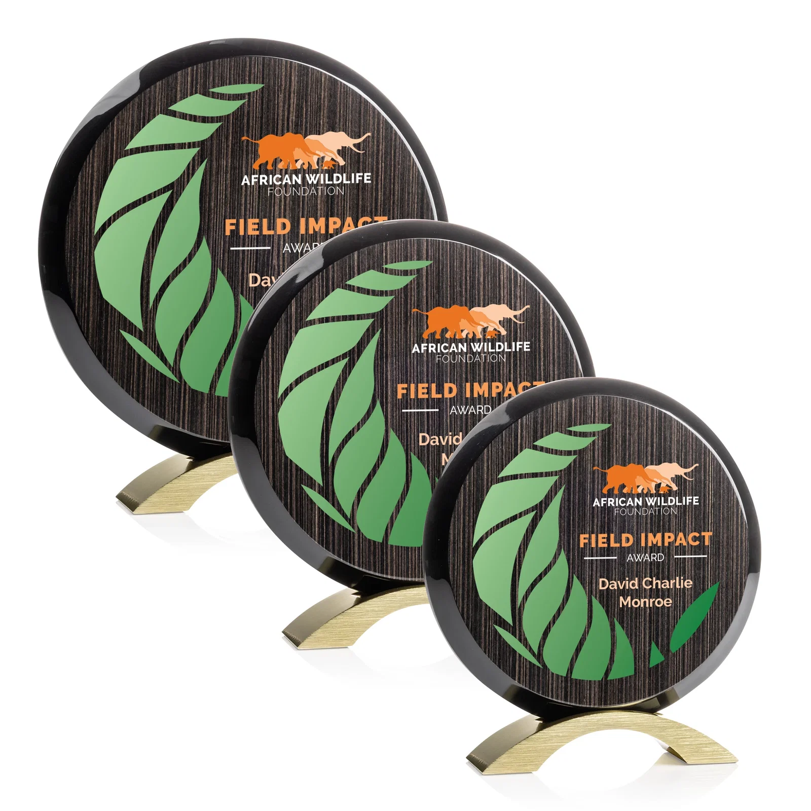 Custom Slatewood Composite Circle Award with Deep Woodgrain Backdrop for safety achievement programs