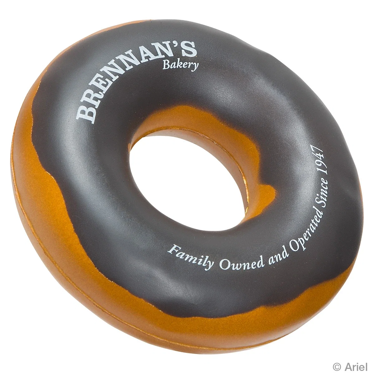 Donut shaped polyurethane foam stress reliever with icing detail, 3.5 inches in diameter