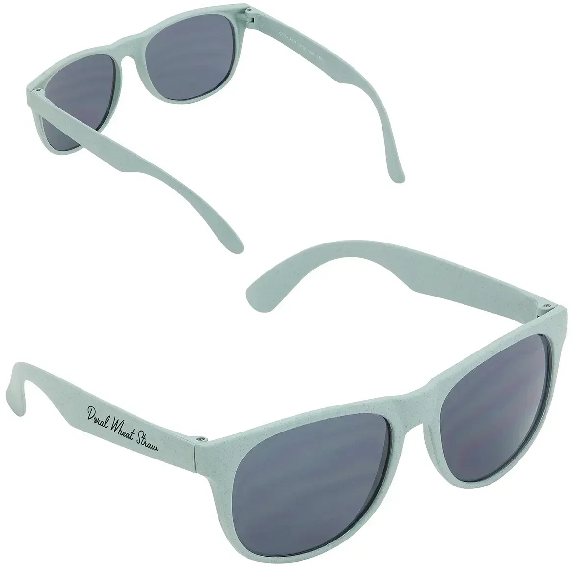 Angled view of branded Doral wheat straw sunglasses for outdoor giveaways