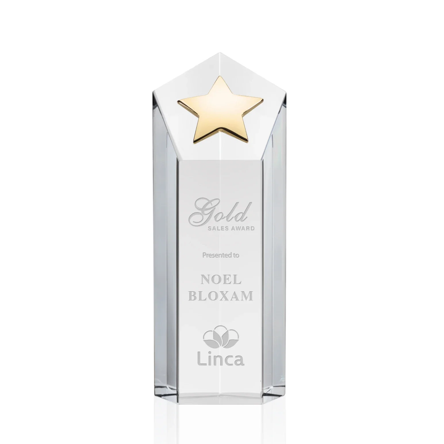Personalized Cast Metal Star Award on an Optical Crystal Tower for employee recognition