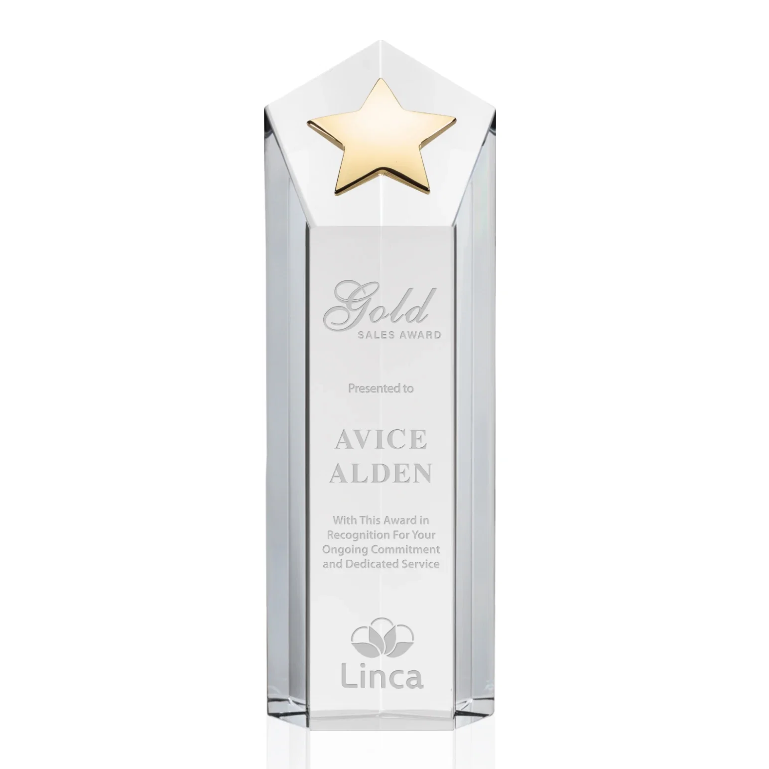 Personalized Cast Metal Star Award on an Optical Crystal Tower for corporate award ceremonies