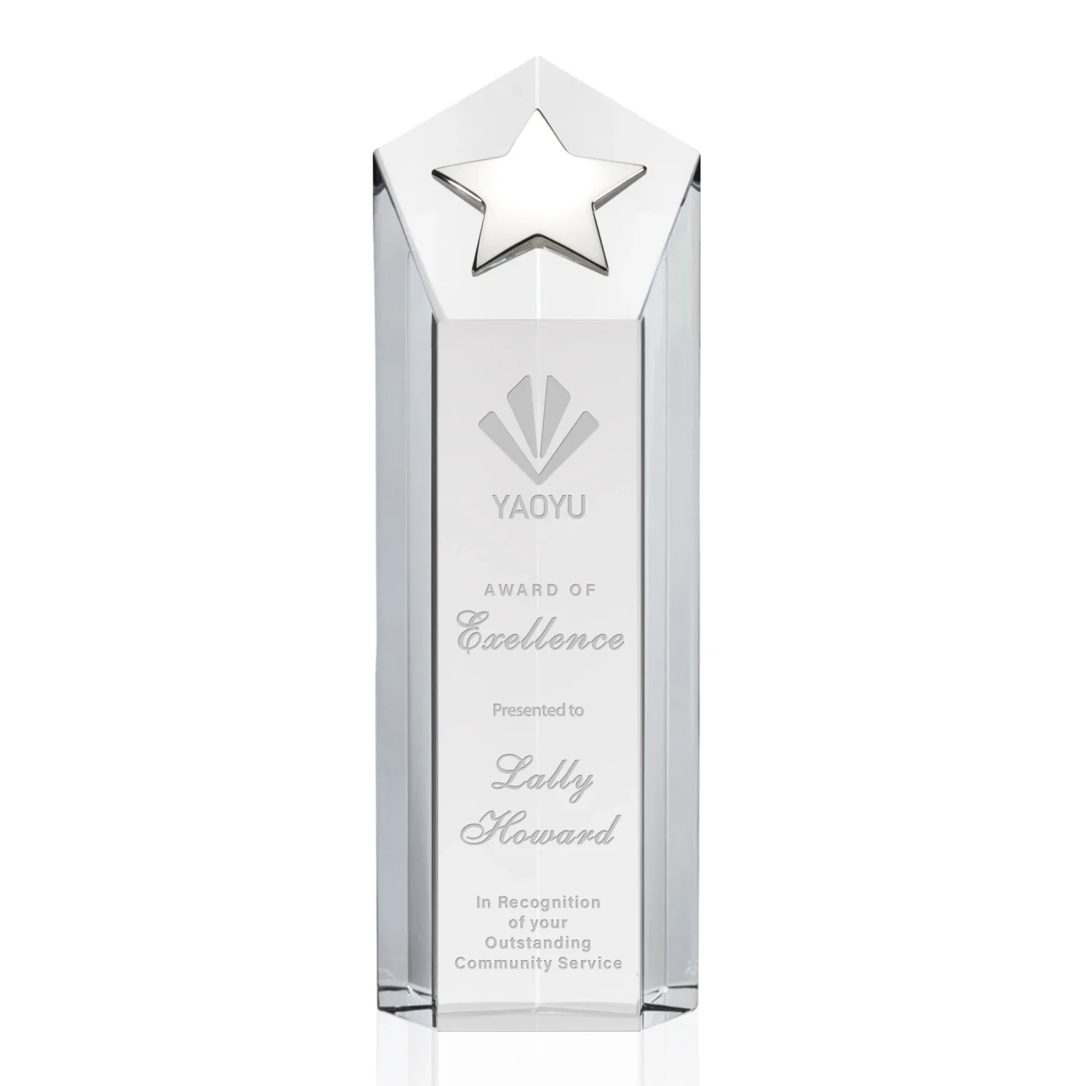 Personalized Cast Metal Star Award on an Optical Crystal Tower for volunteer appreciation