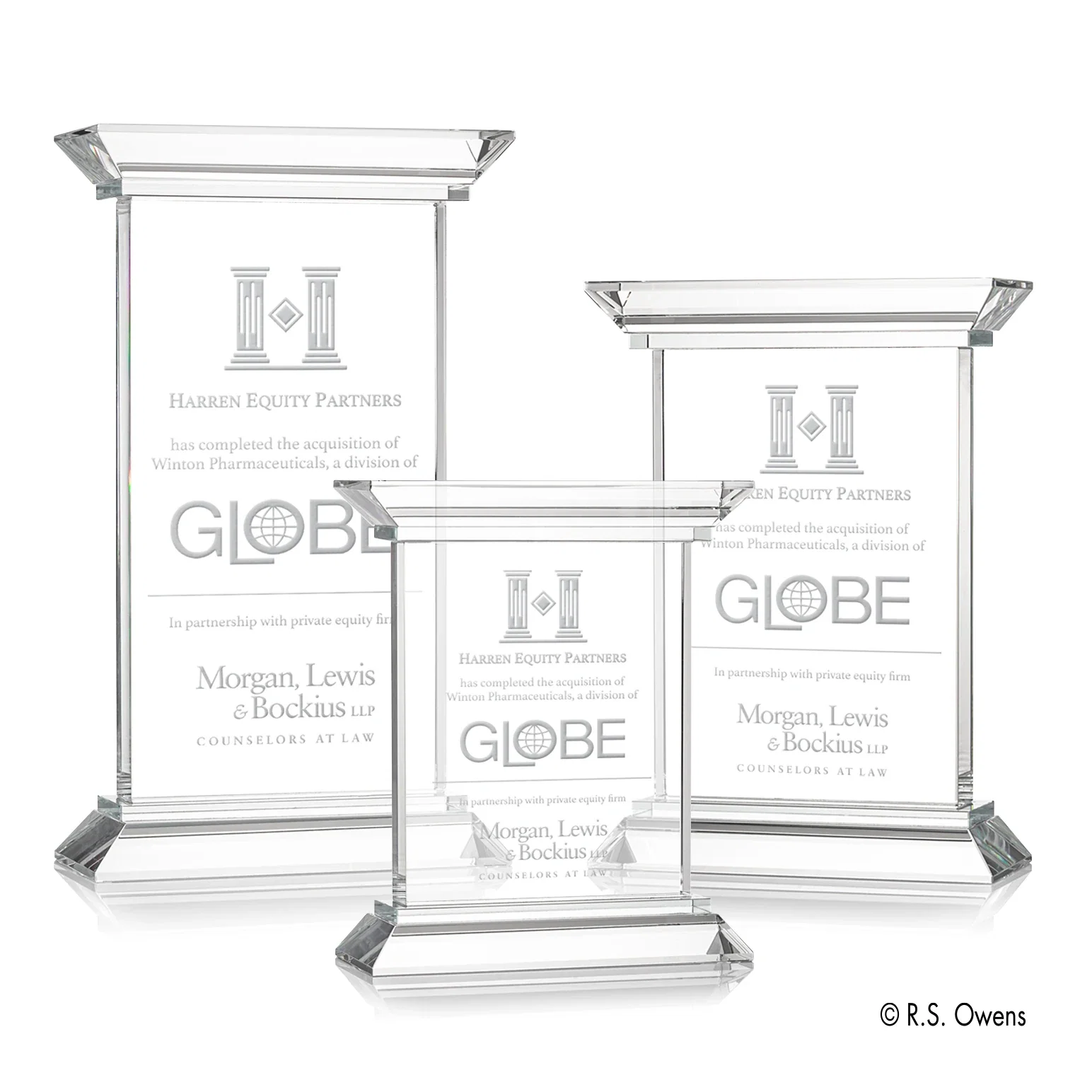 Custom Optical Crystal Plinth Award on Hand-Cut Doric Column Base, awards for employee recognition