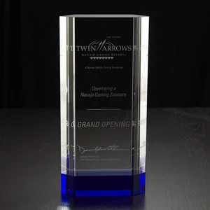 Large Crystal Doric Award with Colored Base, 9.88" x 4.75", Etched Imprint