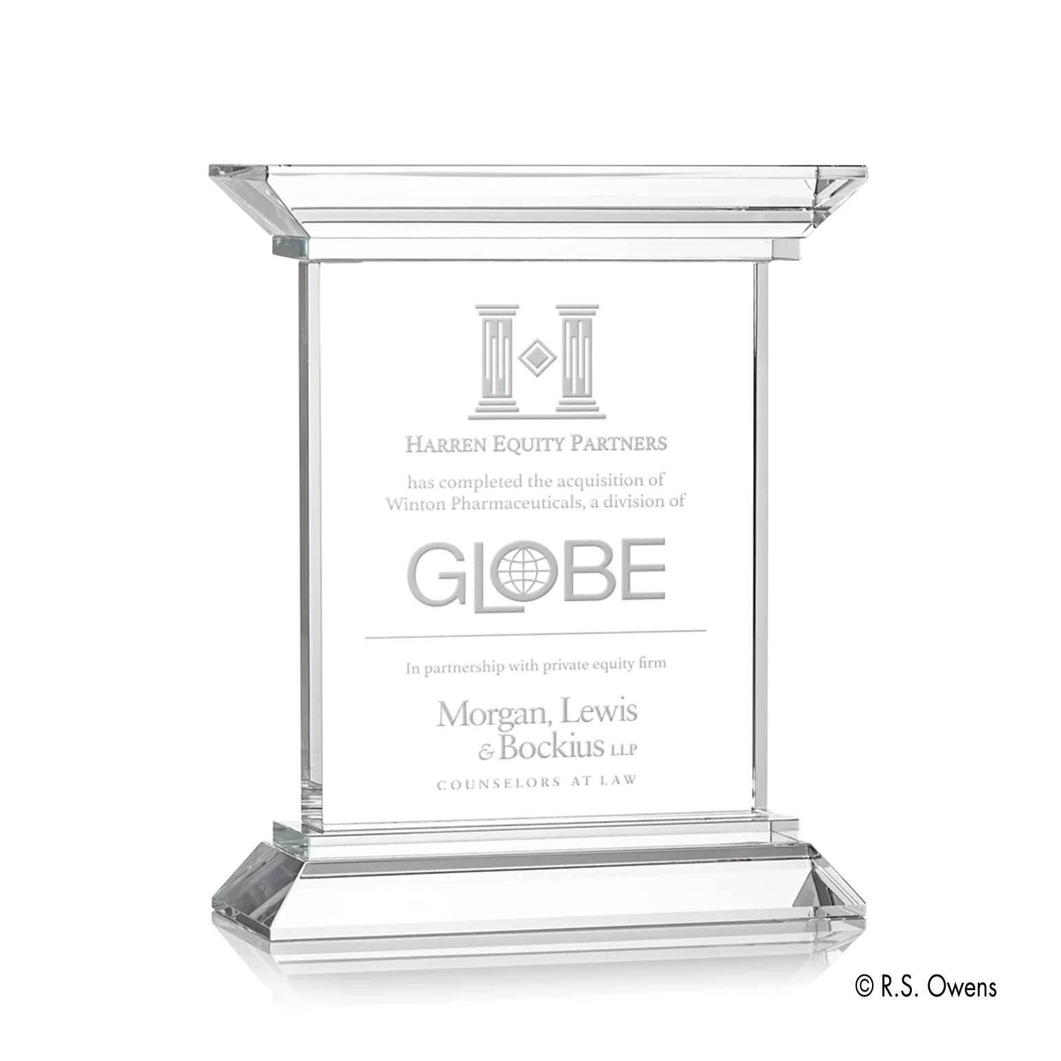 Custom Optical Crystal Plinth Award on Hand-Cut Doric Column Base, awards for corporate award ceremonies