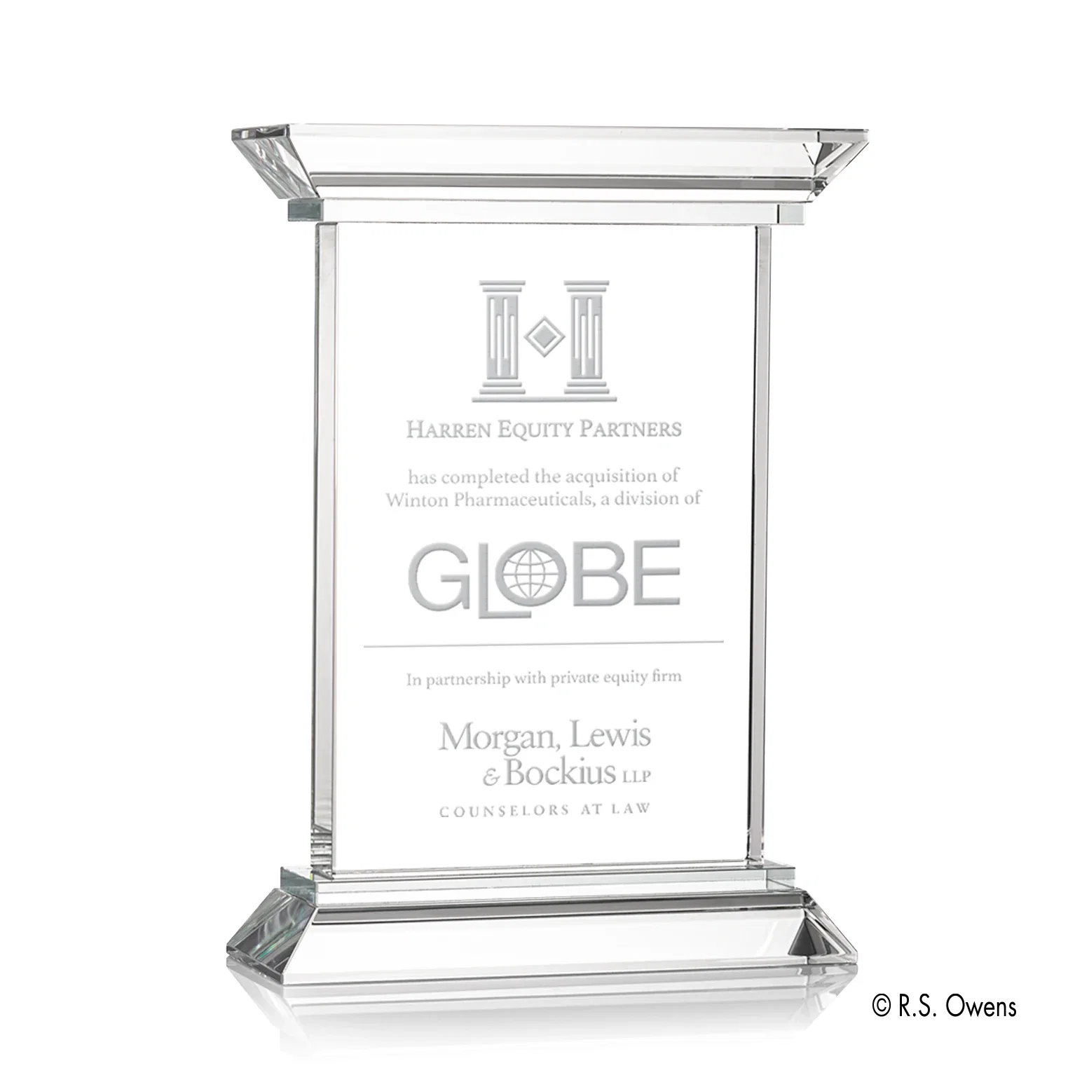Custom Optical Crystal Plinth Award on Hand-Cut Doric Column Base, awards for service anniversary gifts