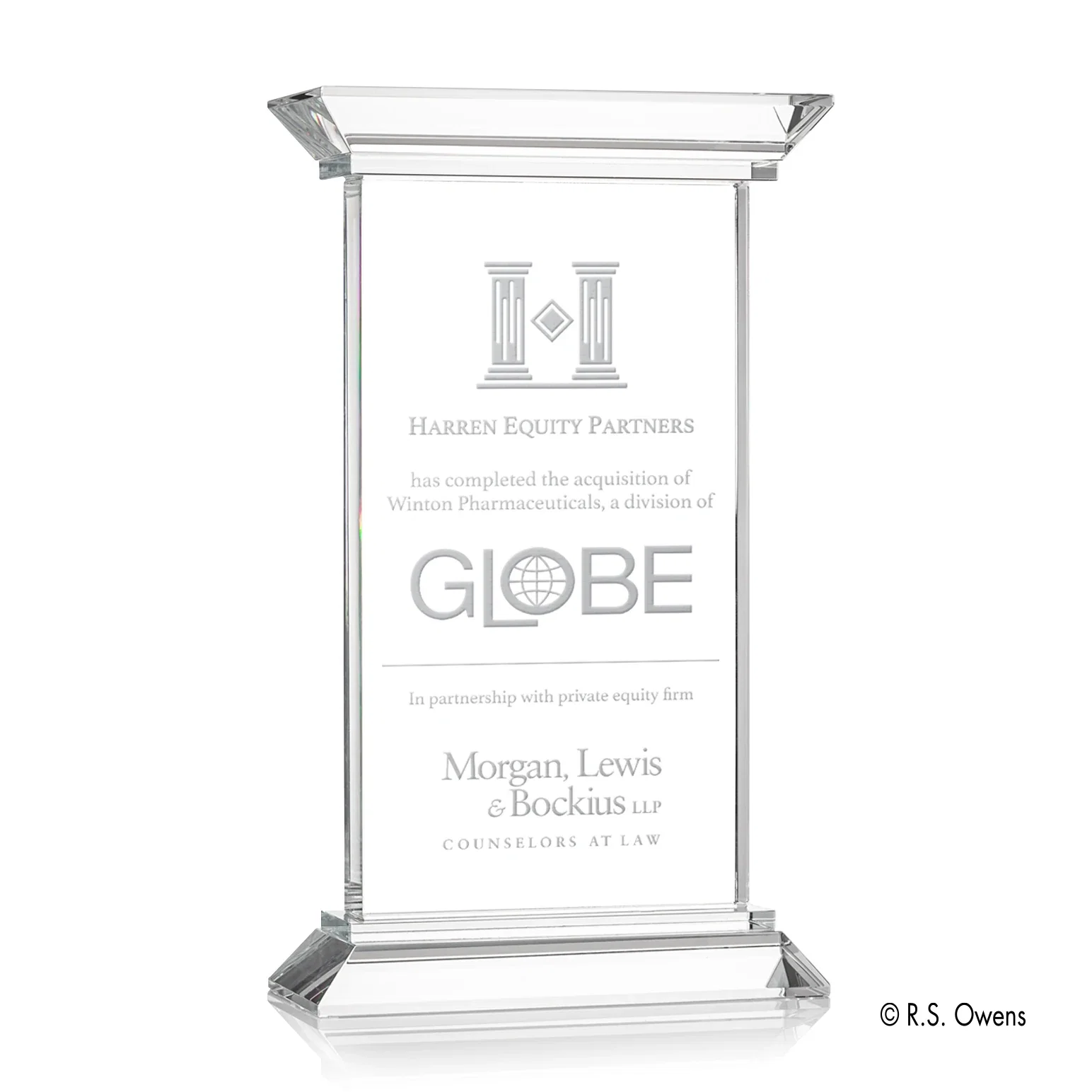 Custom Optical Crystal Plinth Award on Hand-Cut Doric Column Base, awards for sales achievement awards
