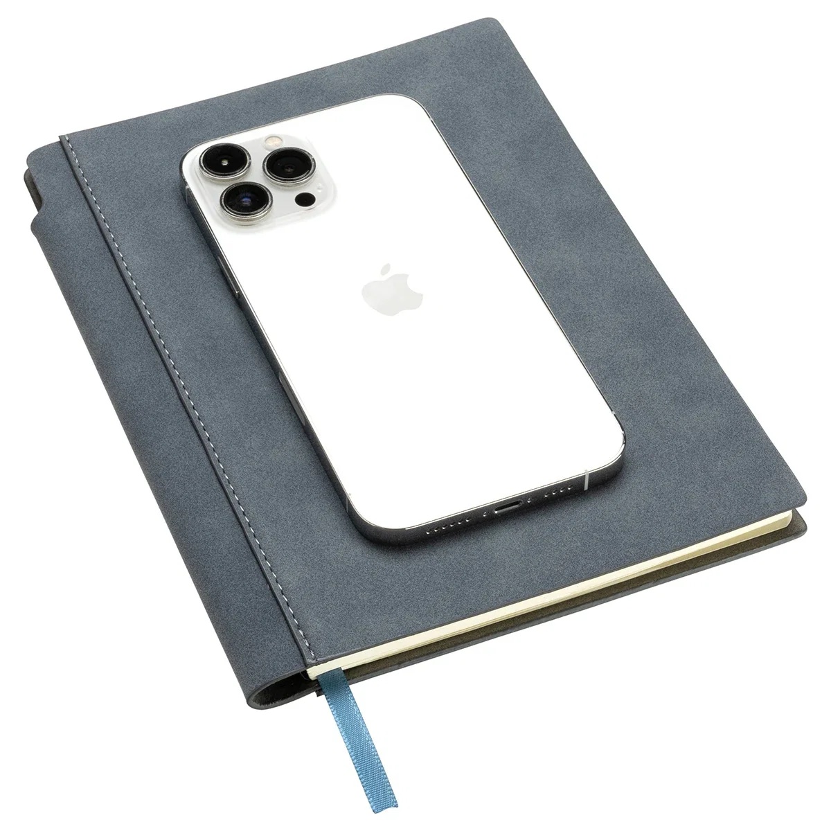 Closed Dossier Soft Cover Journal in gray shown next to a smartphone for size reference