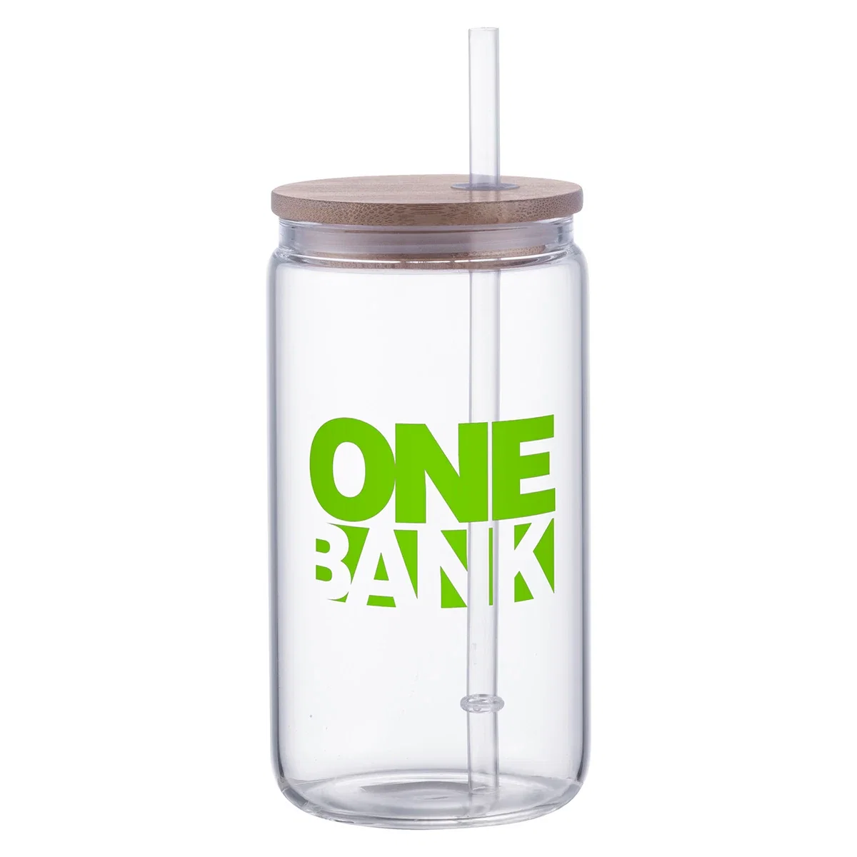 Custom Doto 18 oz glass jar with straw and bamboo lid, front view of the branded drinkware