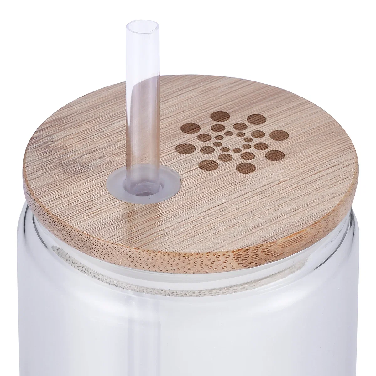 Angled view of the promotional Doto 18 oz glass jar showing the imprint area