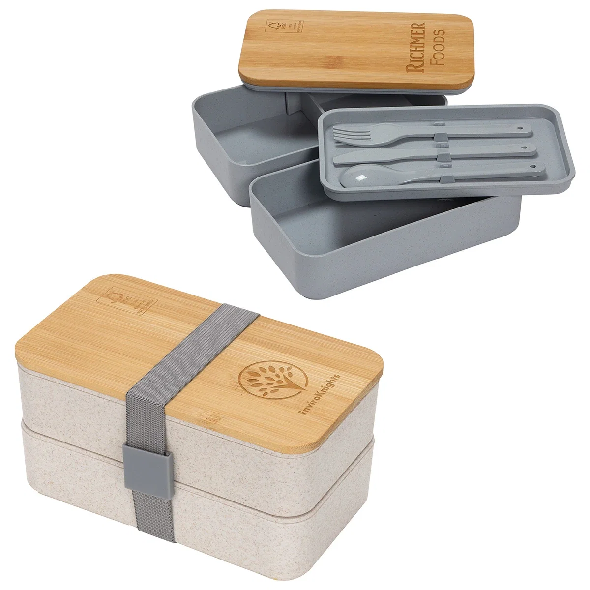 Custom Double Decker Lunch Box, front view of the branded lunch box with bamboo lid
