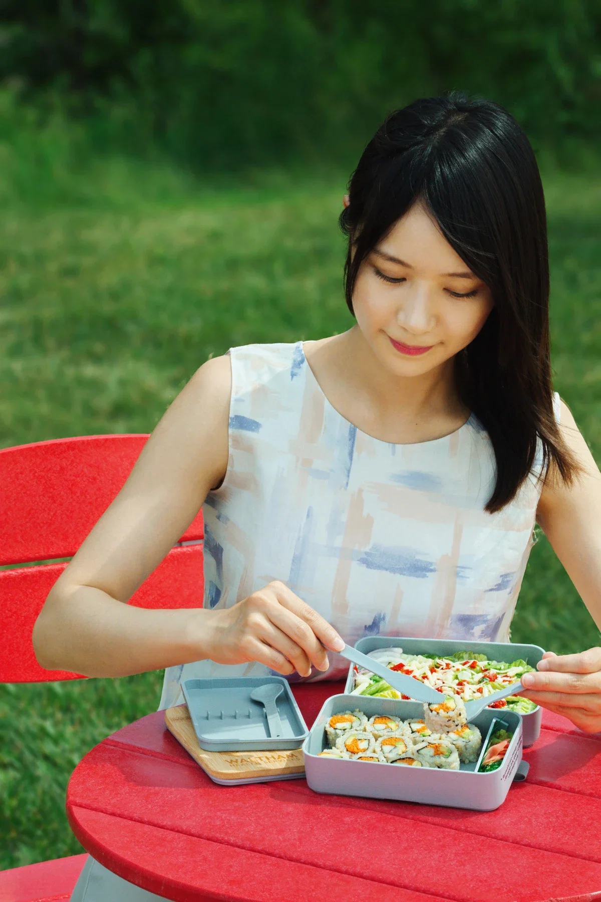 Double Decker Lunch Box with FSC® Bamboo Lid & Utensils in use