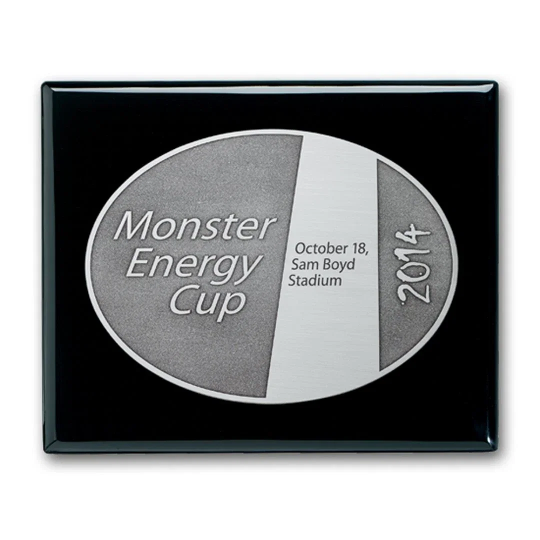 Custom Ebony Piano Finish Wall Plaque with Double-Etched Antique Plate for employee recognition