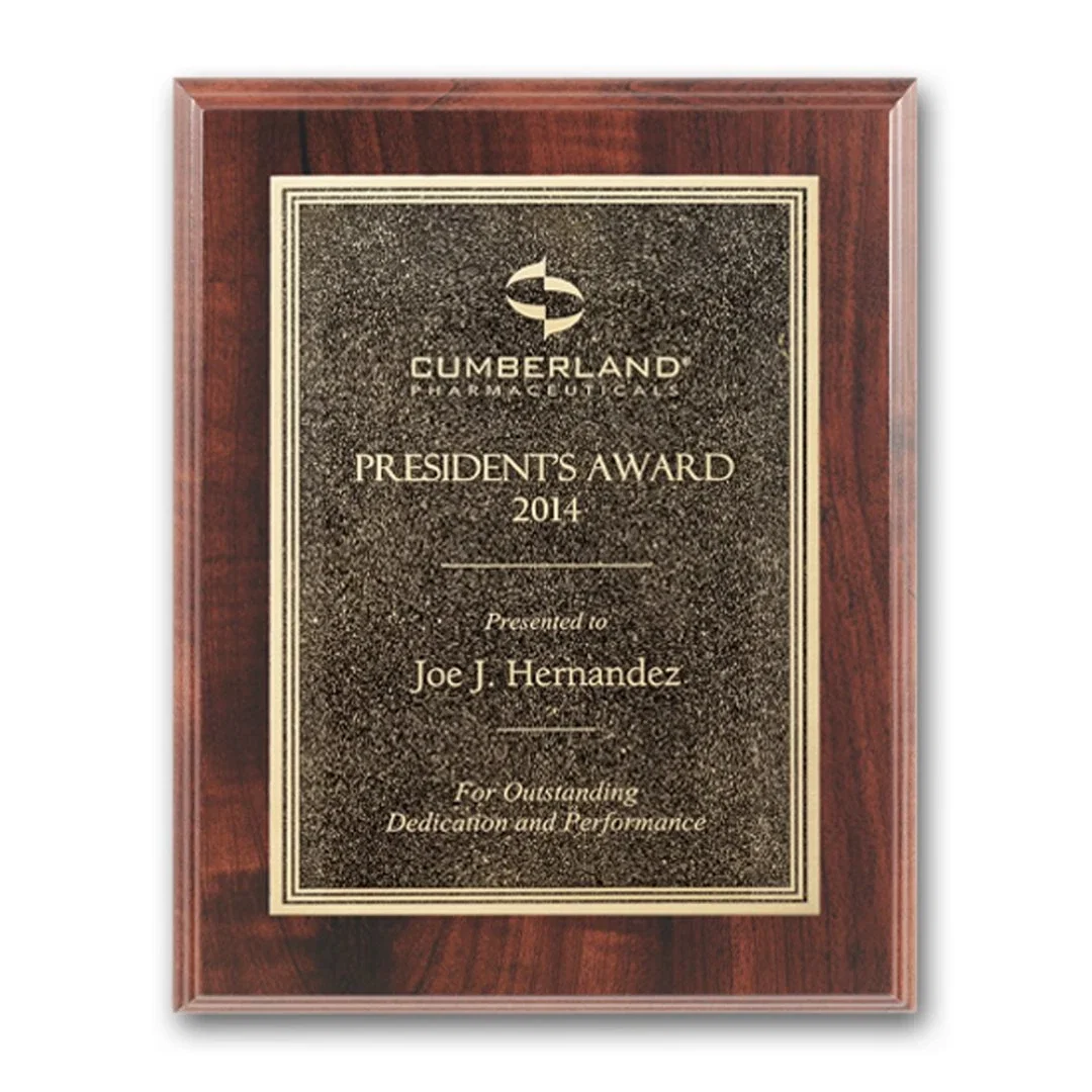 Custom Simulated Walnut Wall Plaque with Double-Etched Antique Plate for employee recognition