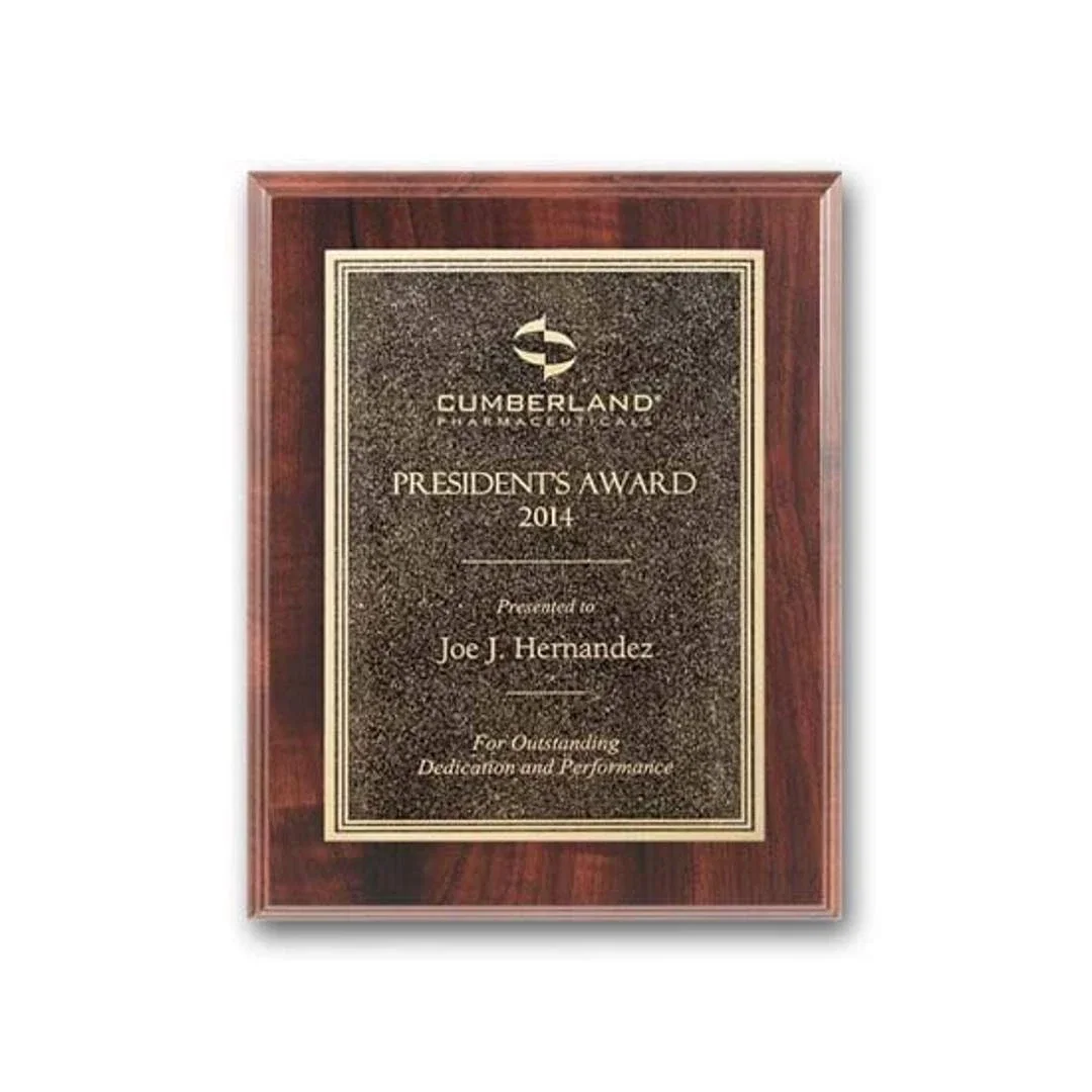 Custom Simulated Walnut Wall Plaque with Double-Etched Antique Plate for corporate award ceremonies