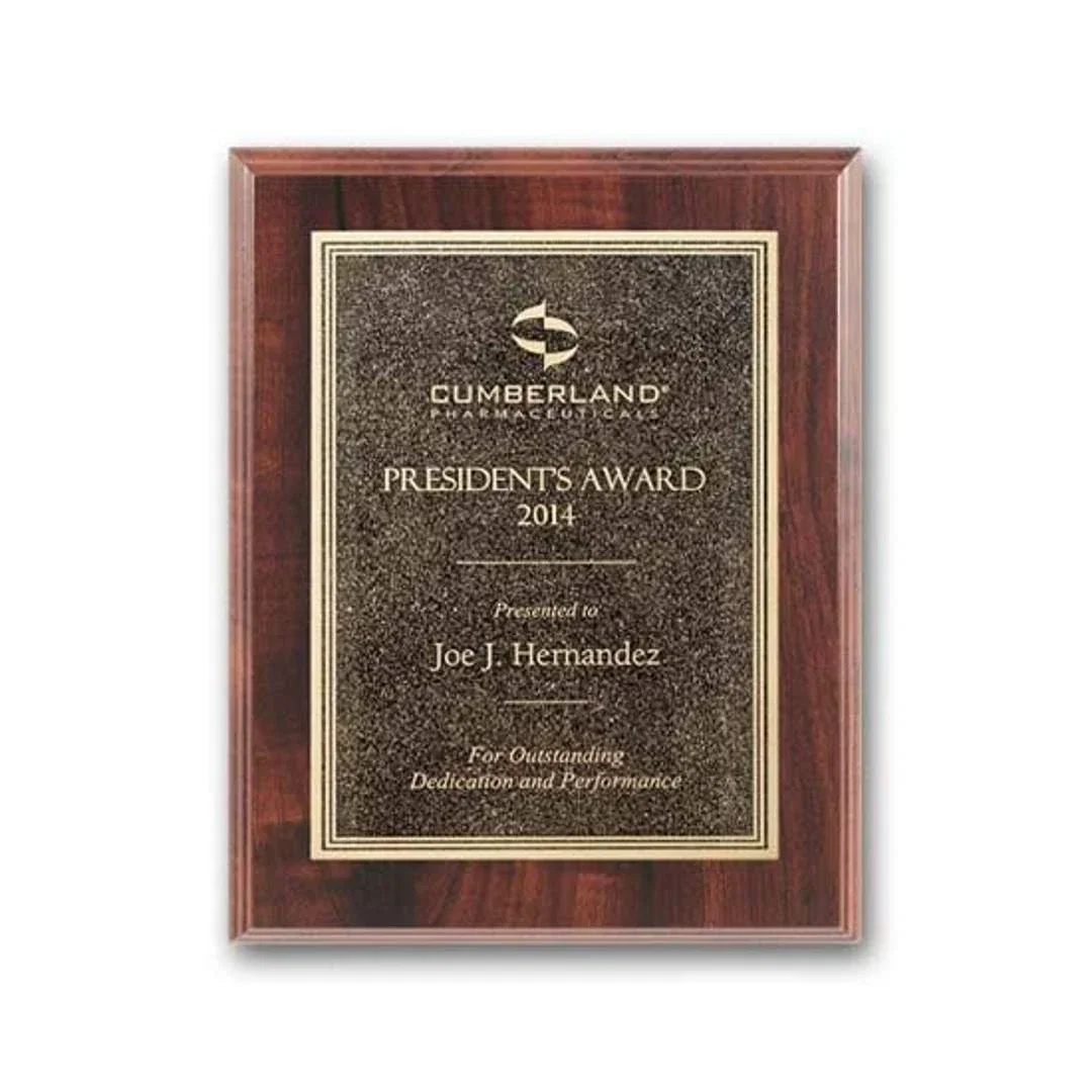Custom Simulated Walnut Wall Plaque with Double-Etched Antique Plate for service anniversary gifts