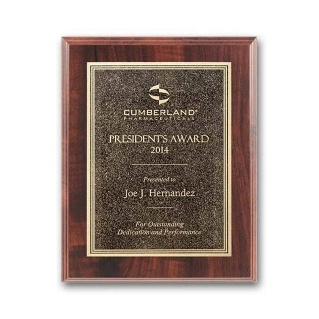 Custom Simulated Walnut Wall Plaque with Double-Etched Antique Plate for sales achievement awards