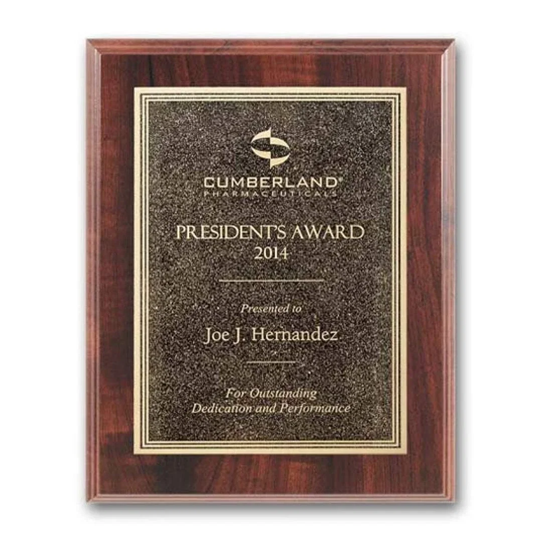 Custom Simulated Walnut Wall Plaque with Double-Etched Antique Plate for retirement presentations