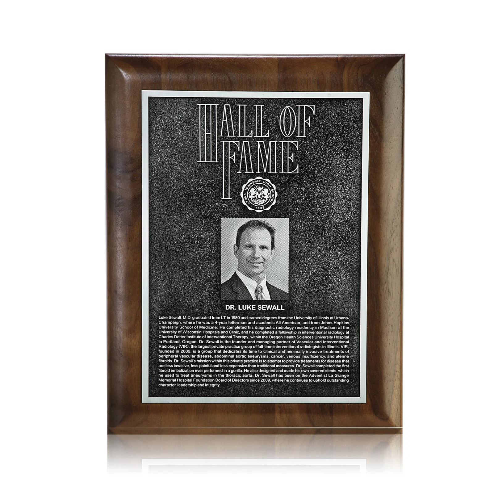 Custom Rolled-Edge Walnut Wall Plaque with Double-Etched Antique Plate for corporate award ceremonies