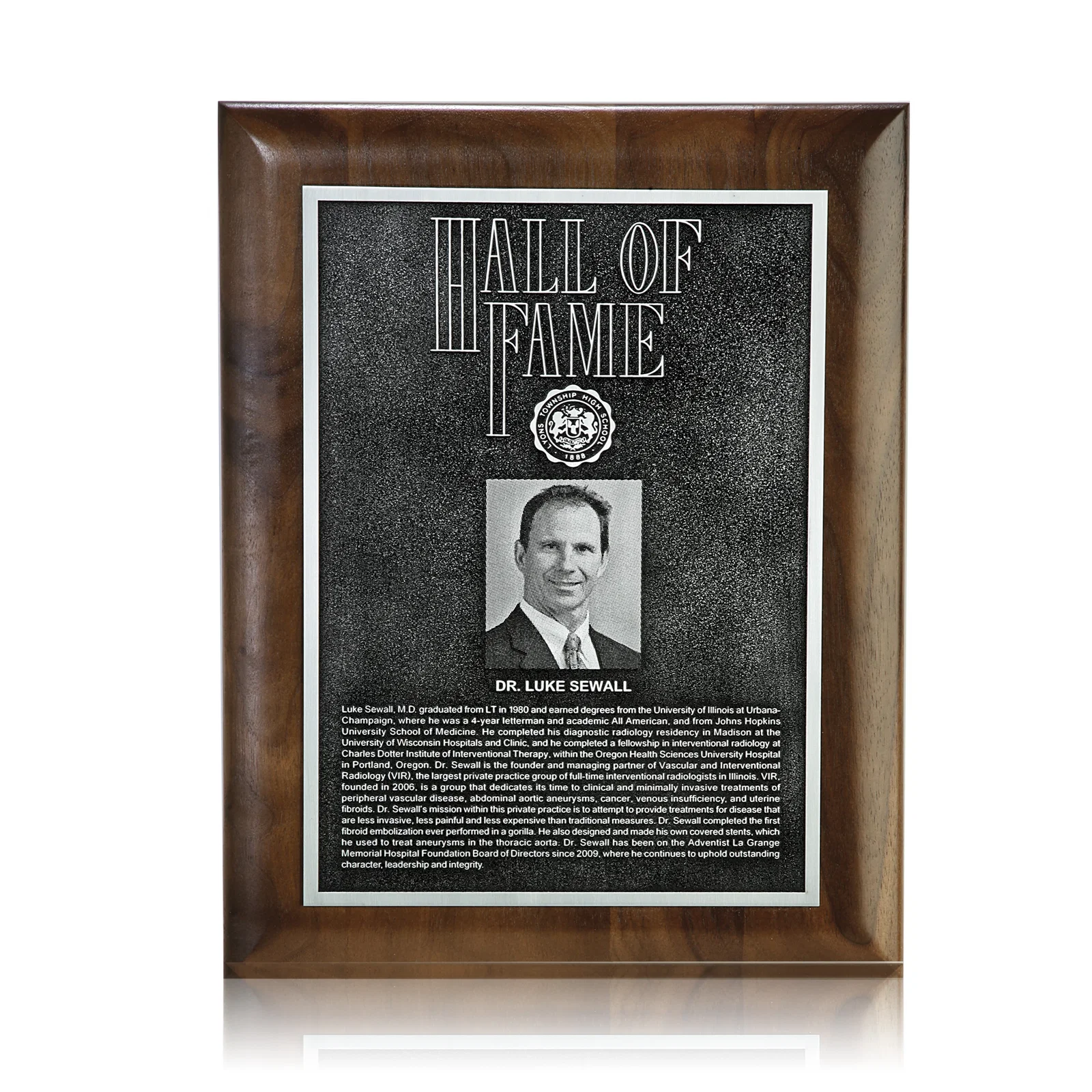 Custom Rolled-Edge Walnut Wall Plaque with Double-Etched Antique Plate for service anniversary gifts