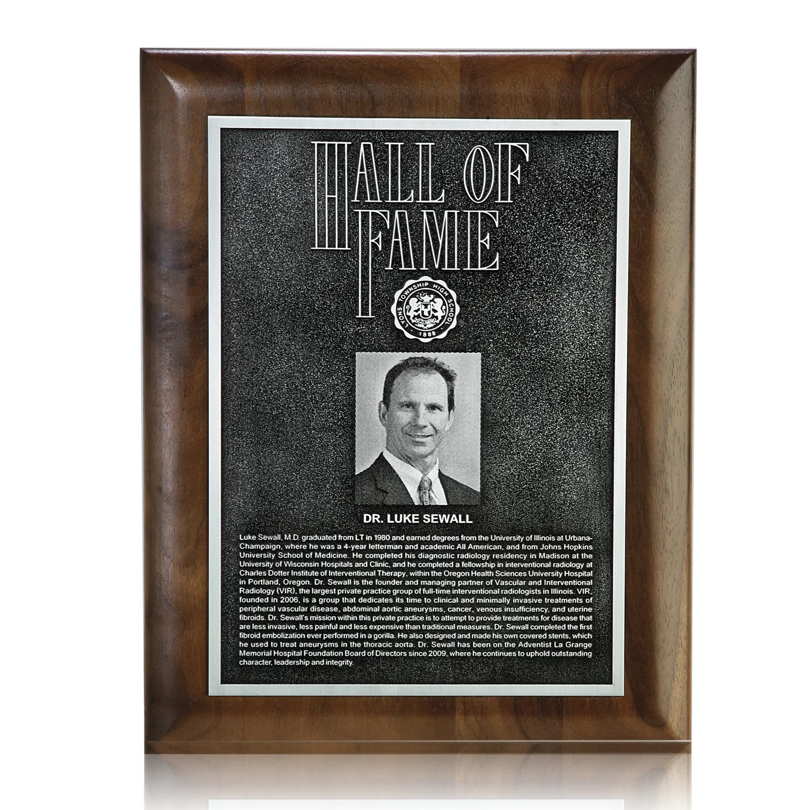 Custom Rolled-Edge Walnut Wall Plaque with Double-Etched Antique Plate for retirement presentations