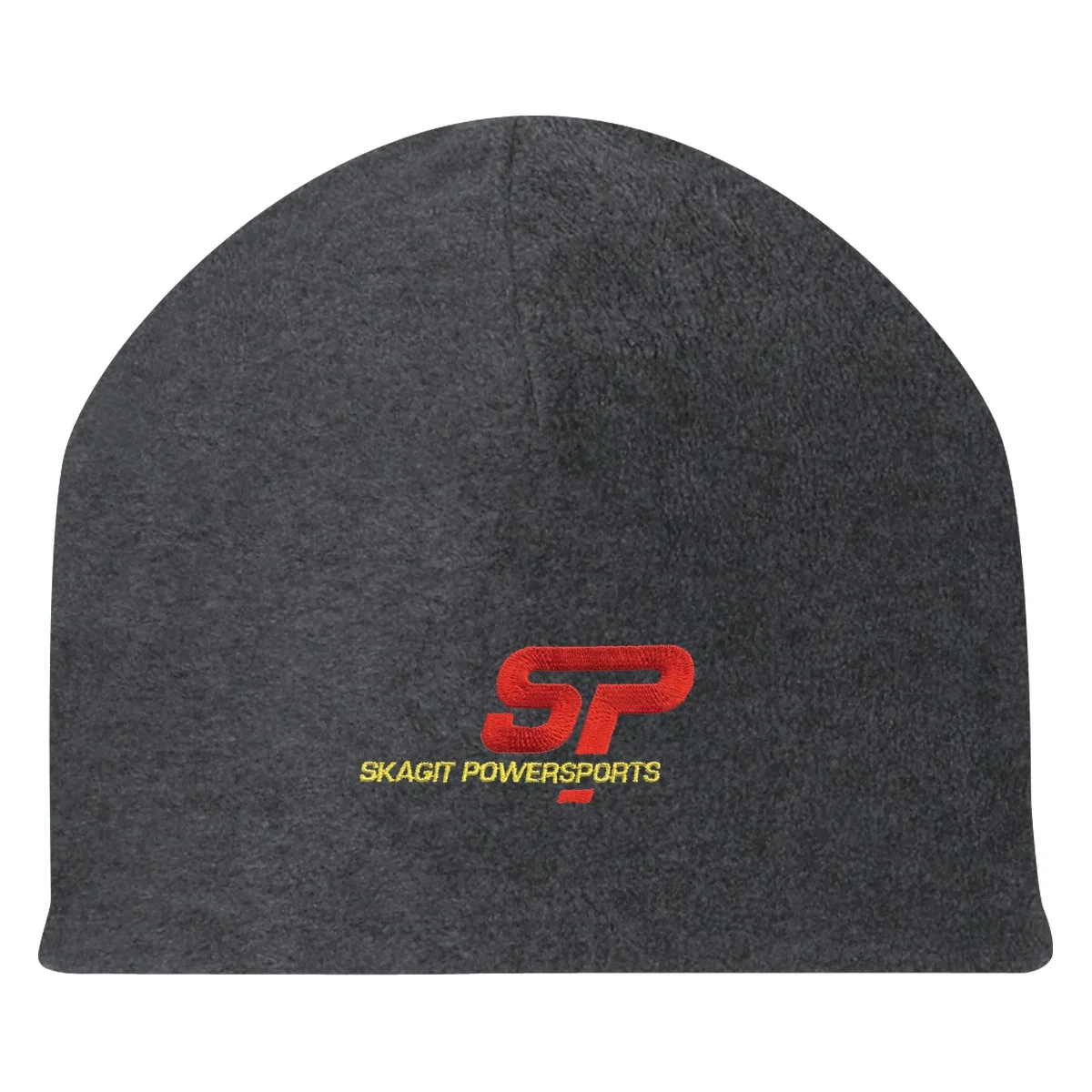 Knit cap angled to show its rounded crown and stitching