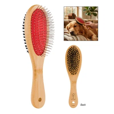 Grooming brush with bristles on one face and pins opposite