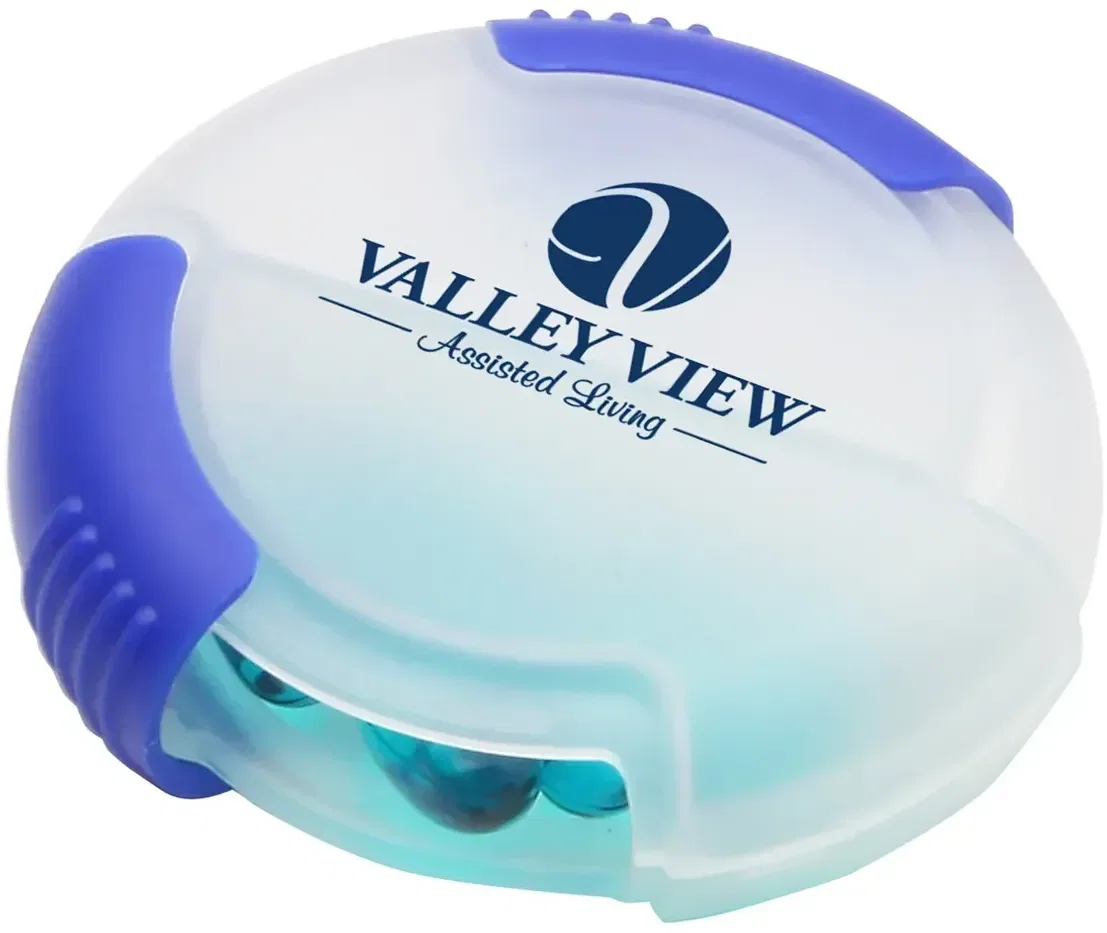 Double-Slide Pill Box, custom branded two-chamber slide-open pill organizer, front view