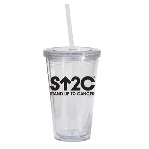 16 Oz Double Wall Tumbler, 6.25" x 3.75", Clear Acrylic with Straw, 1-Color Imprint