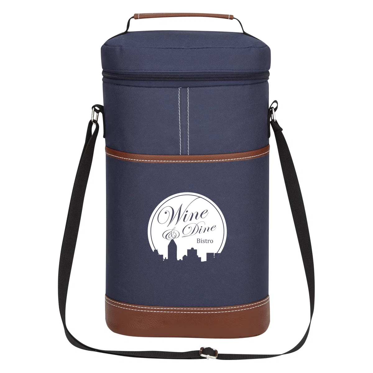 Black double wine cooler bag with brown accents