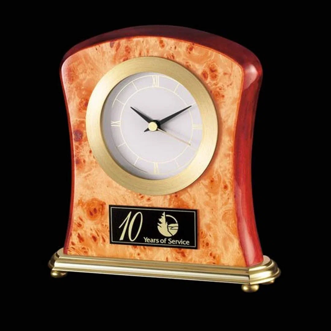 Custom Burlwood and Rosewood Desk Clock with Brass Accents for employee recognition