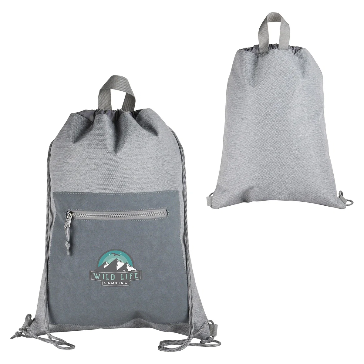 Custom Dove Drawstring Backpack, front view of the branded drawstring bag