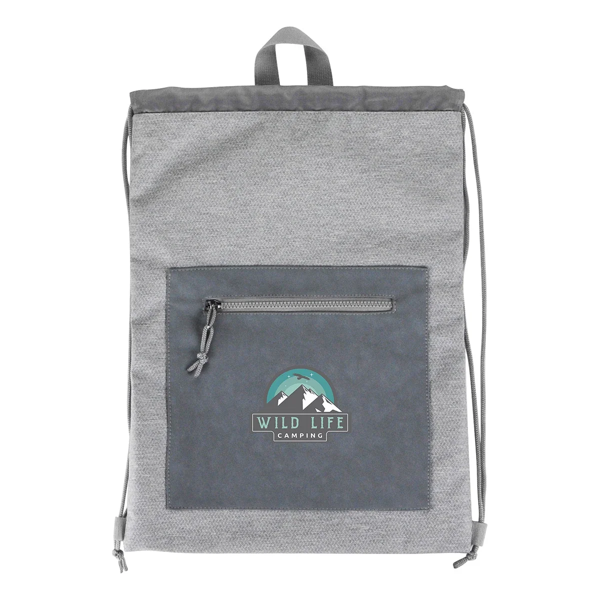 Close-up of the custom Dove Drawstring Backpack's logo imprint area