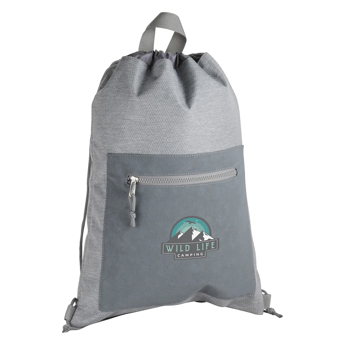 Promotional Dove Drawstring Backpack worn on the back, drawstring bag in use