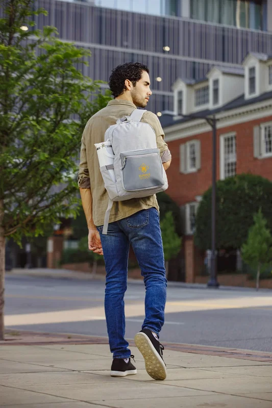 Angled view of the custom Dove Urban Backpack