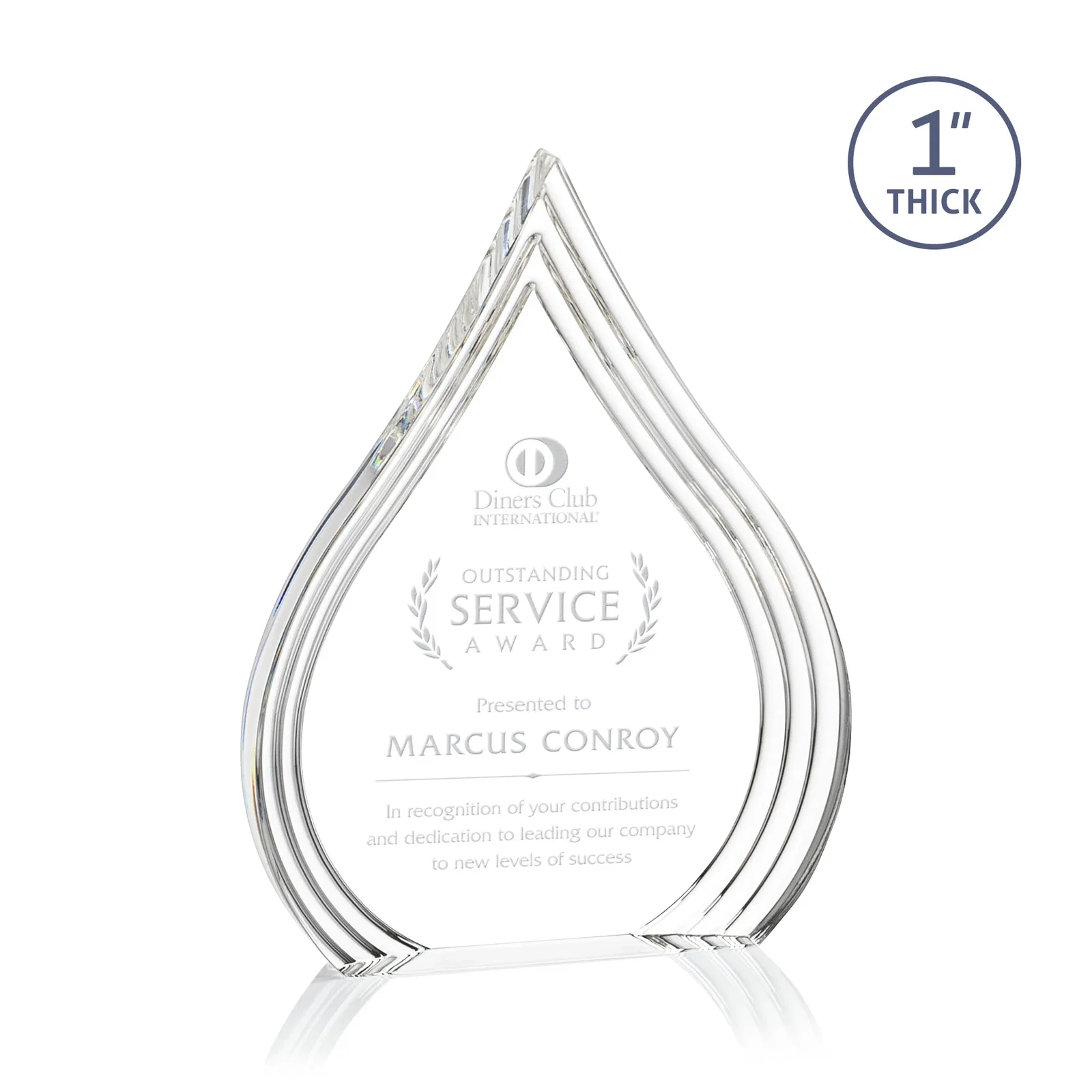 Custom Acrylic Teardrop Award With Stepped Grooves to Sapphire Base for volunteer appreciation