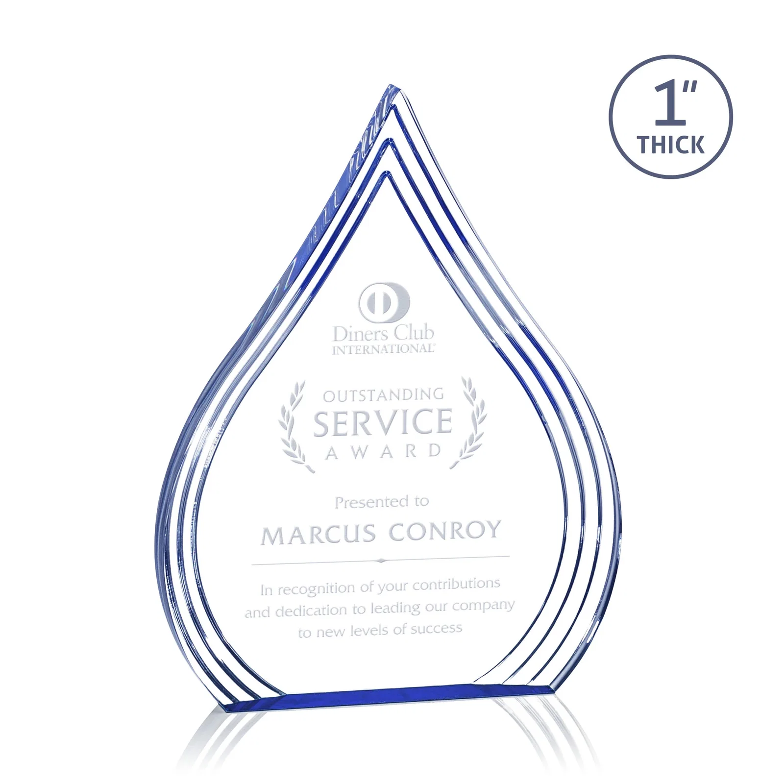 Custom Acrylic Teardrop Award With Stepped Grooves to Sapphire Base for service anniversary gifts