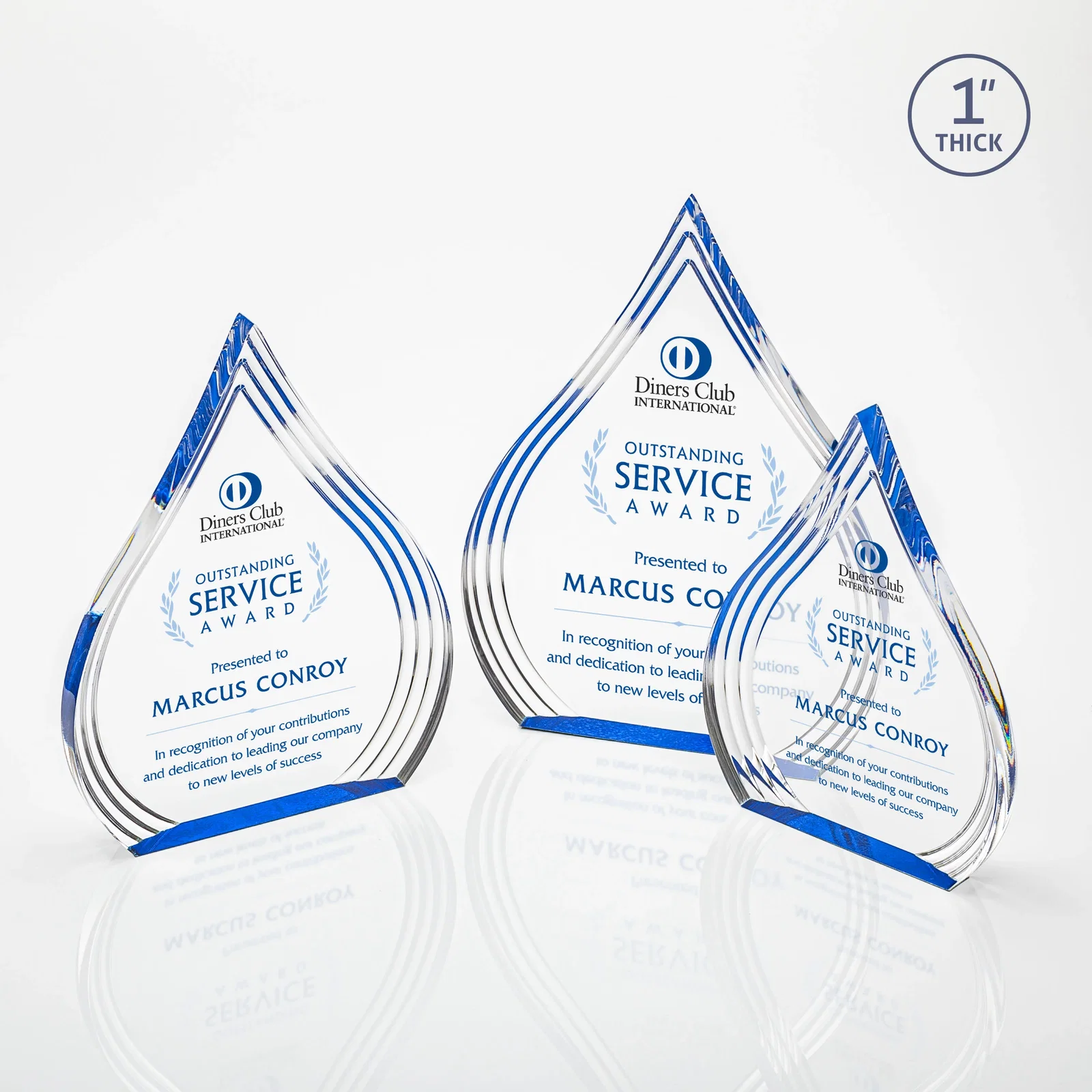 Custom Acrylic Teardrop Award With Stepped Grooves to Sapphire Base for retirement presentations