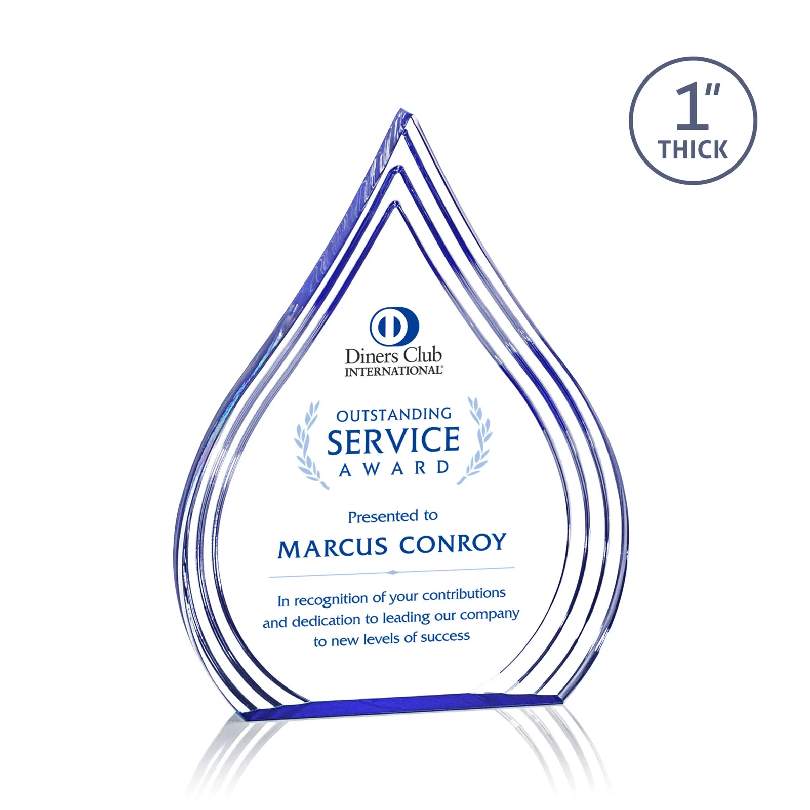 Custom Acrylic Teardrop Award With Stepped Grooves to Sapphire Base for team milestone celebrations