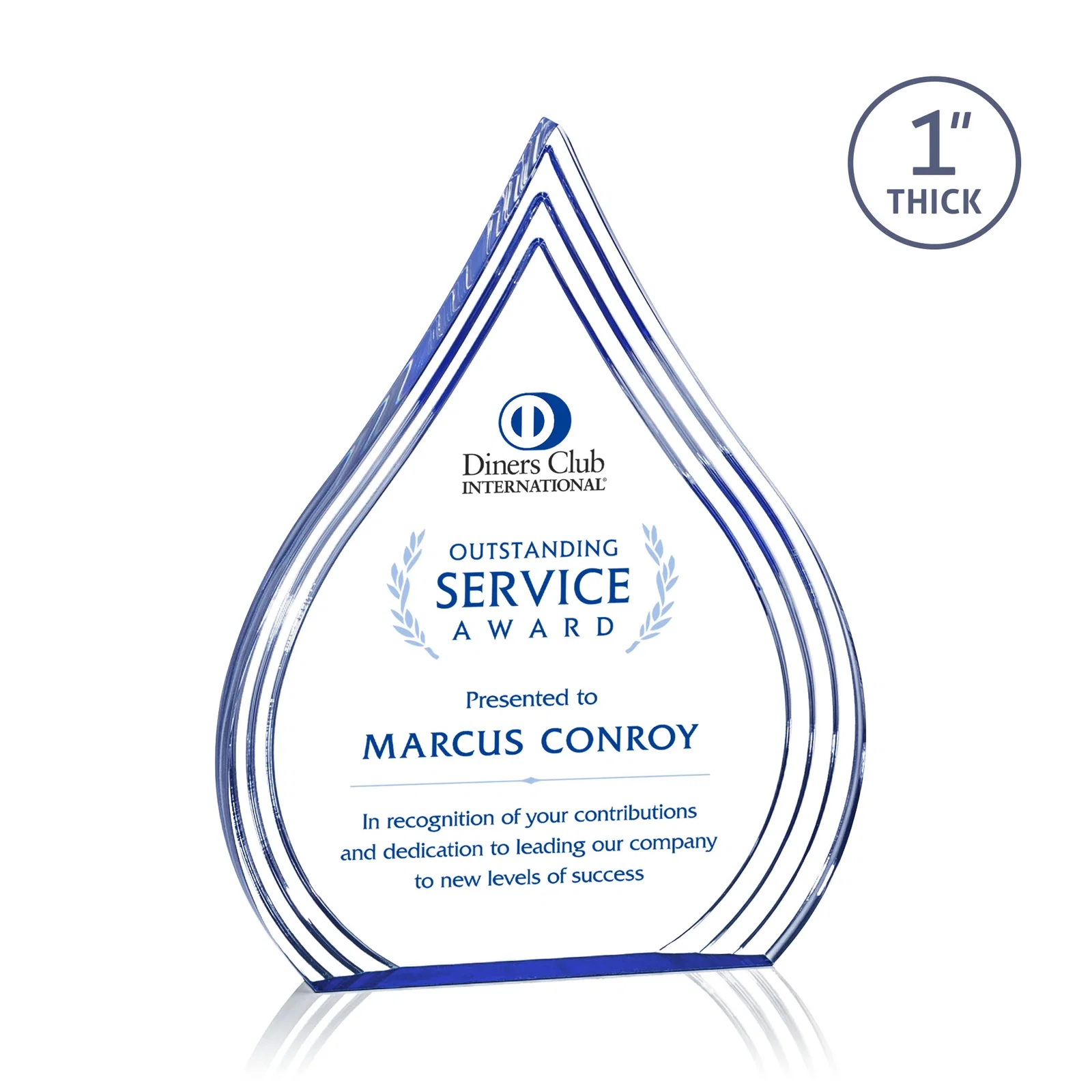 Custom Acrylic Teardrop Award With Stepped Grooves to Sapphire Base for donor appreciation