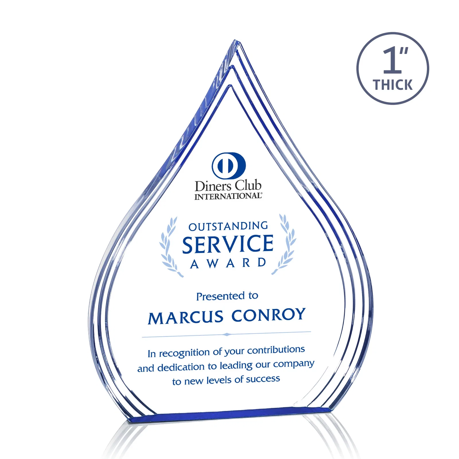 Custom Acrylic Teardrop Award With Stepped Grooves to Sapphire Base for graduation ceremonies
