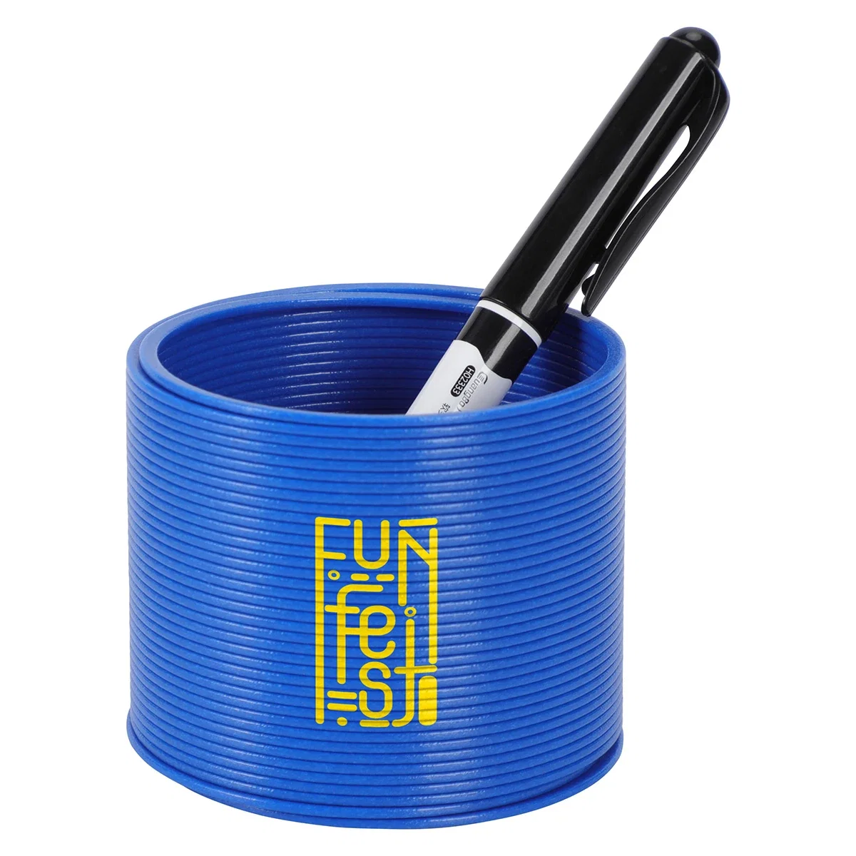 Dragon Spring Game collapsed into its cup shape in blue, with a pen resting inside for scale