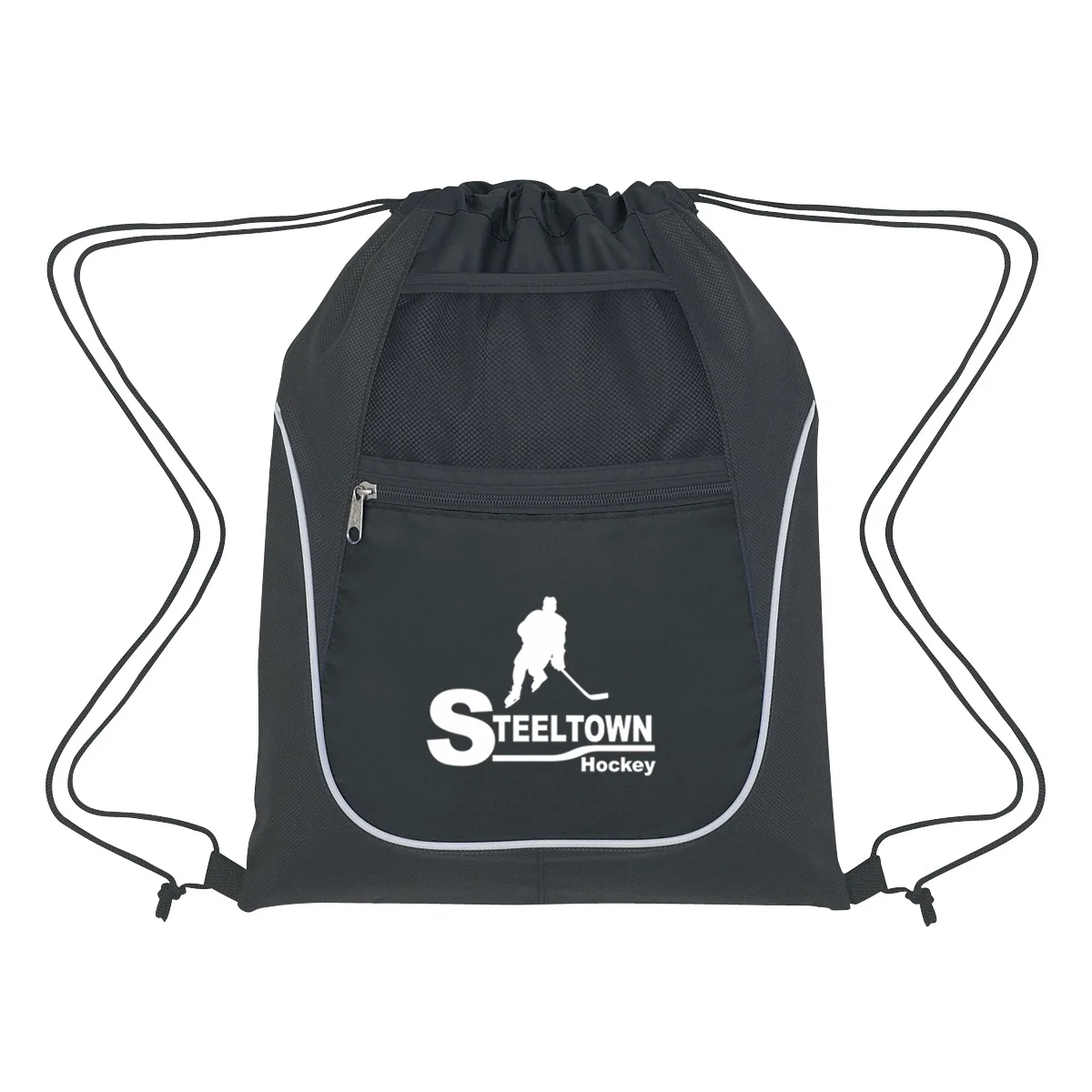 Black drawstring sports pack with two front pockets for small gear