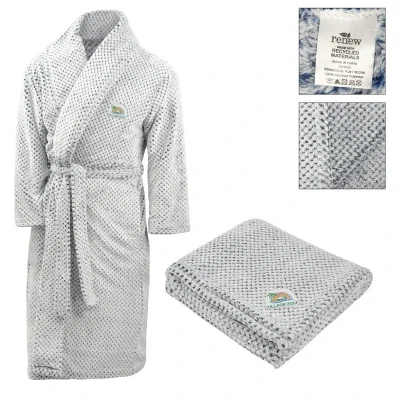 Blanket and robe kit folded together in white and gray