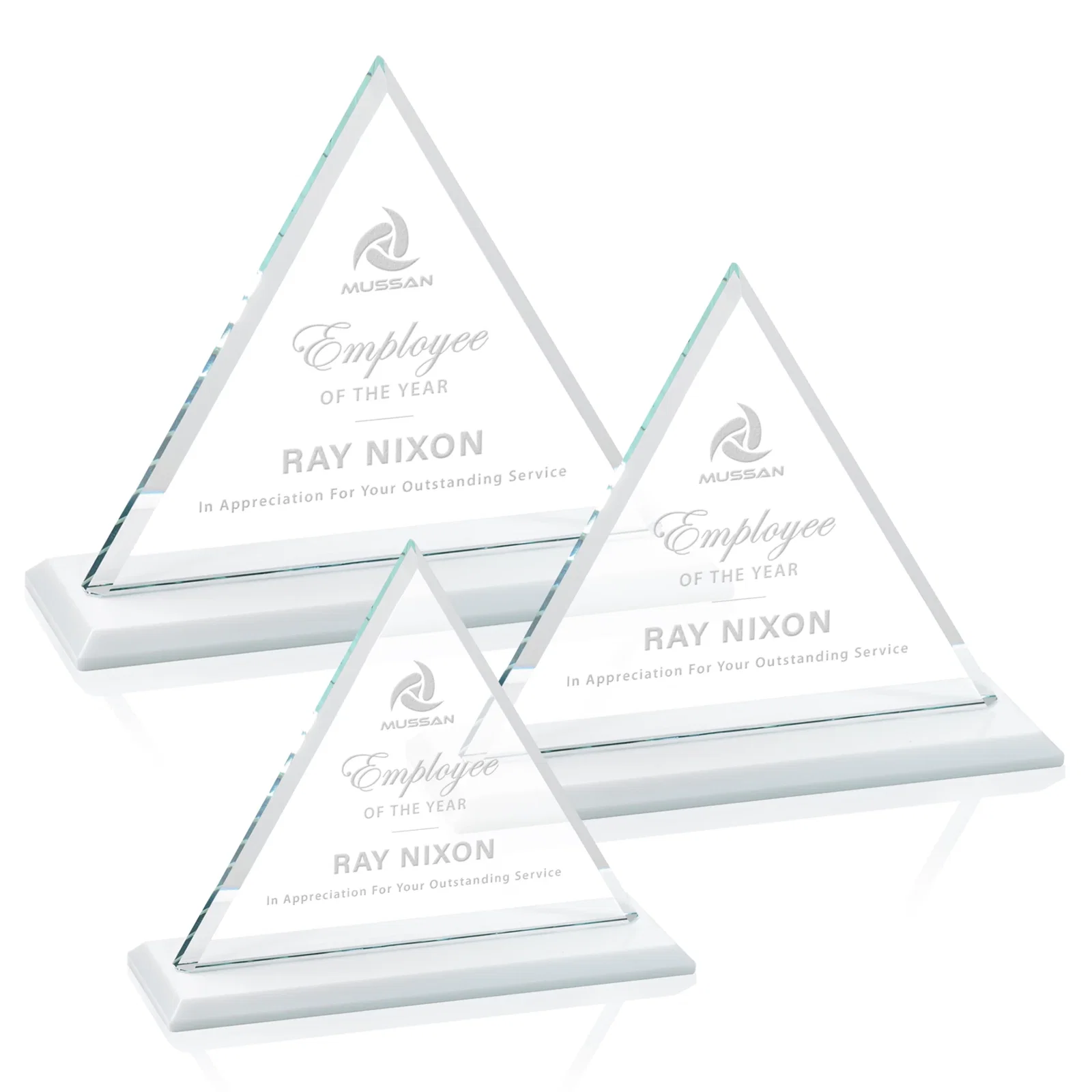 Custom Starfire Crystal Triangle Award With Contrasting White Base for employee recognition