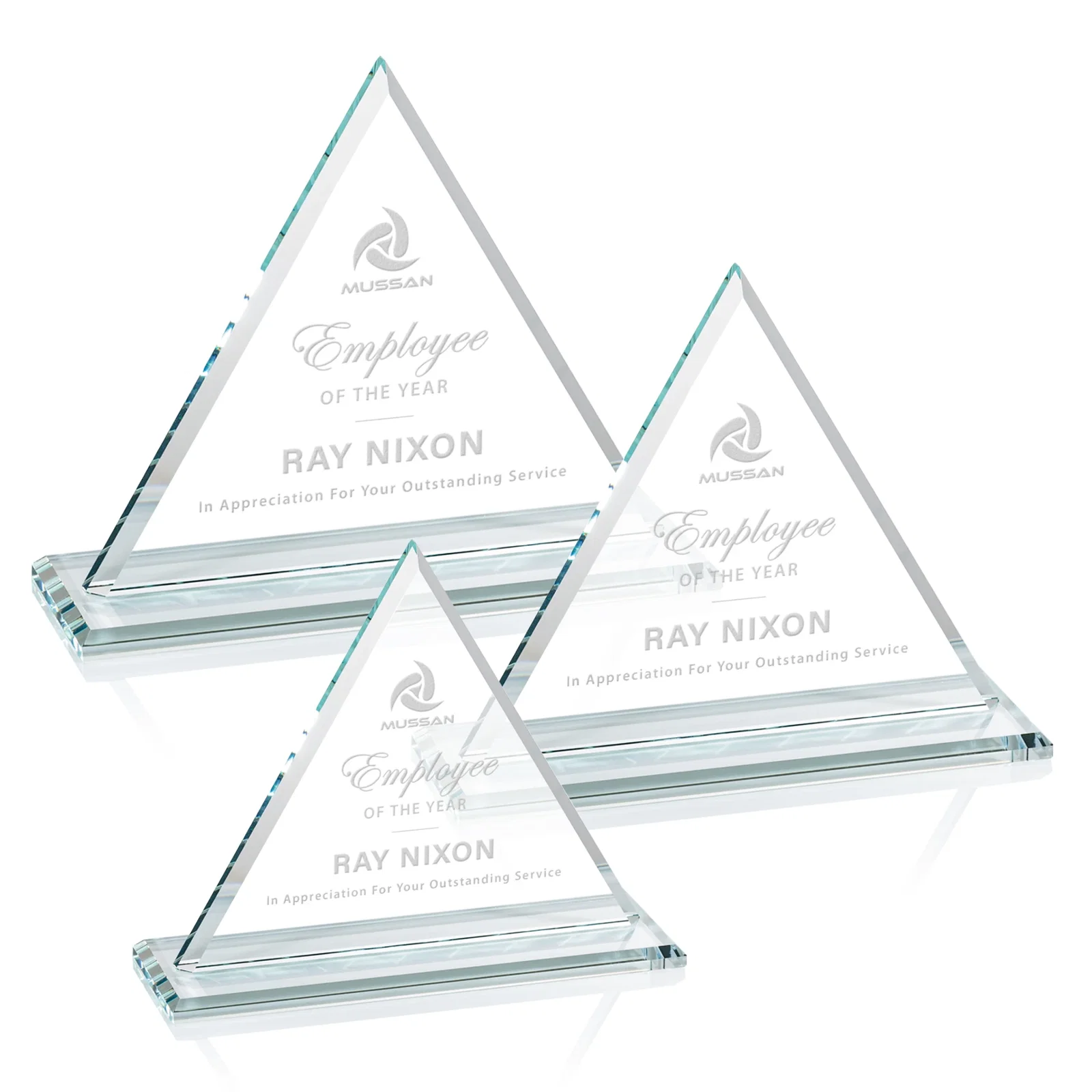 Custom Starfire Crystal Triangle Award With Contrasting White Base for volunteer appreciation
