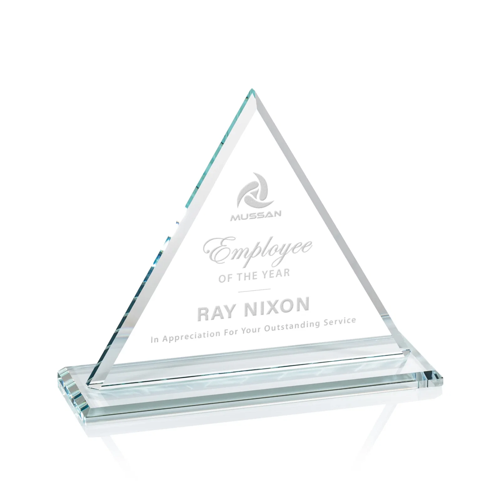 Custom Starfire Crystal Triangle Award With Contrasting White Base for dealer and partner awards