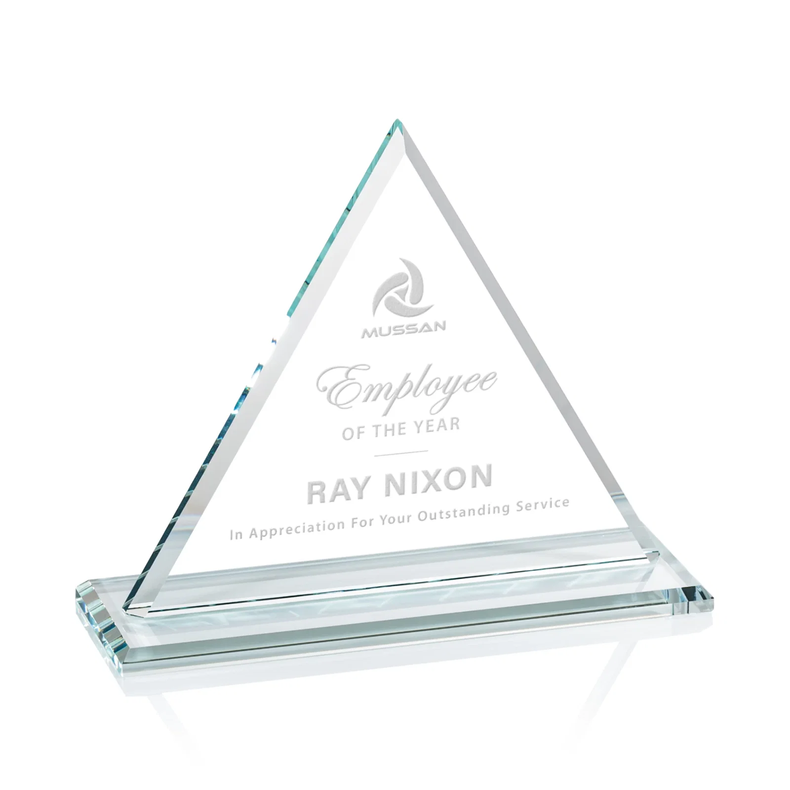 Custom Starfire Crystal Triangle Award With Contrasting White Base for company anniversary events