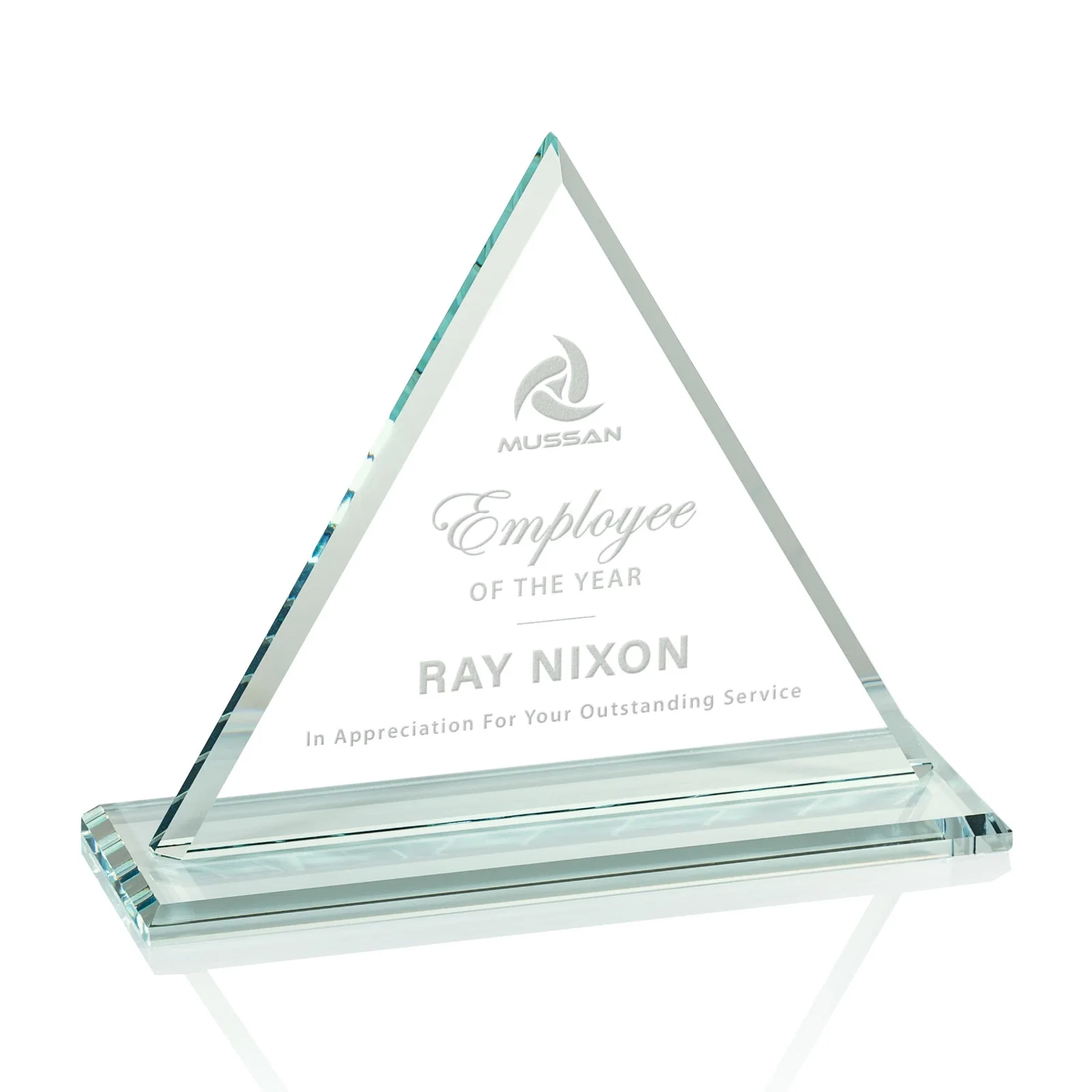 Personalized Starfire Crystal Triangle Award With Contrasting White Base for retirement presentations