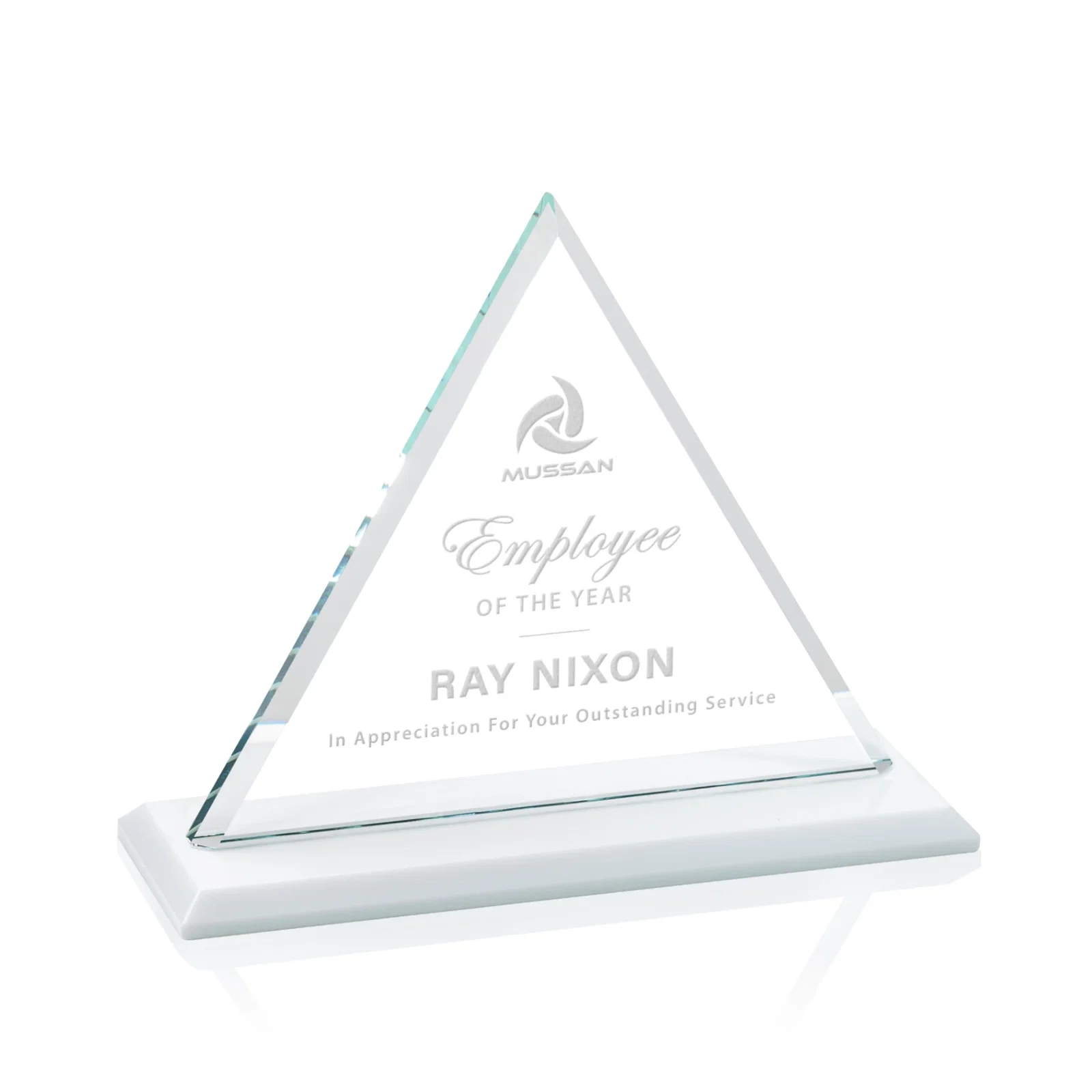 Custom Starfire Crystal Triangle Award With Contrasting White Base for corporate award ceremonies